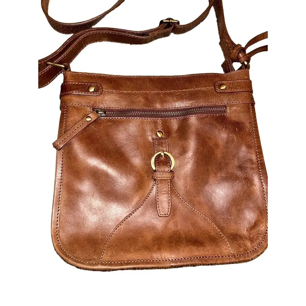 Diba True Women Brown Leather Zipper‎ Outer Pockets Crossbody Strap Shoulder Bag